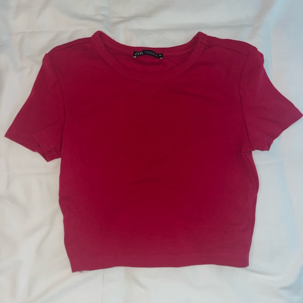 Zara Red Fitted Crop T-Shirt